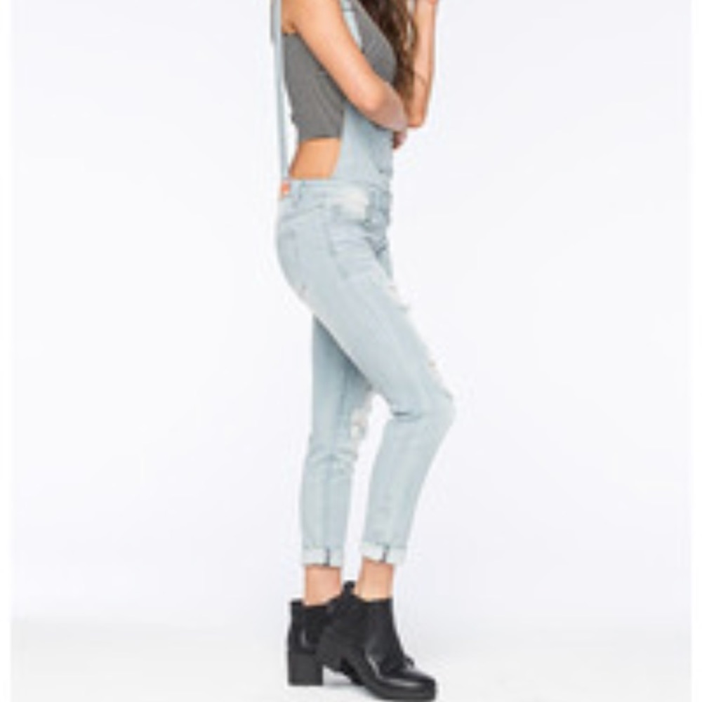 Open back denim overalls